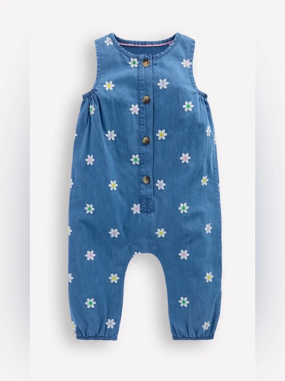 MINI BODEN Embroidered Chambray Romper in Denim Daisy - 18-24M